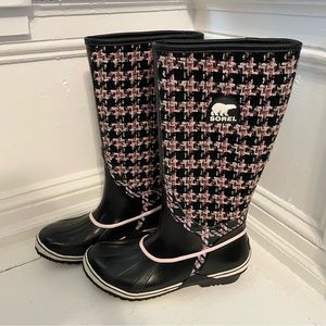 Sorel Pink & Black Tweed Waterproof Rubber Rain Boots